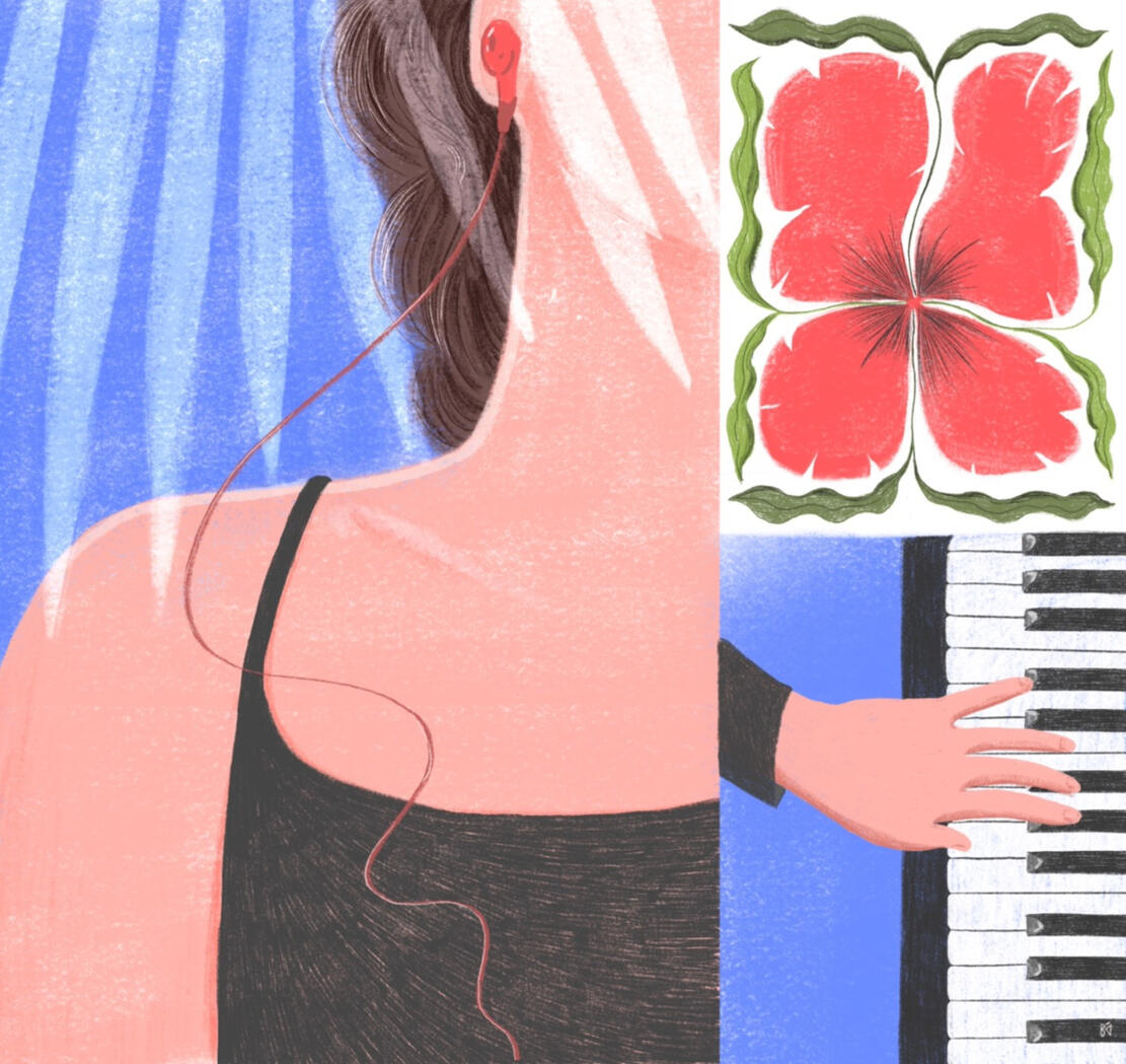 Piano illustration of 3 fragmented images of a piano, a girl listening to music and a flower