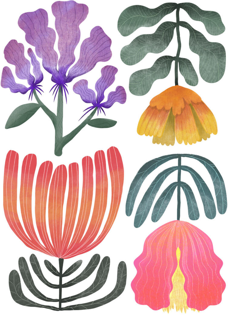 Digital illustration of four stylized flowers