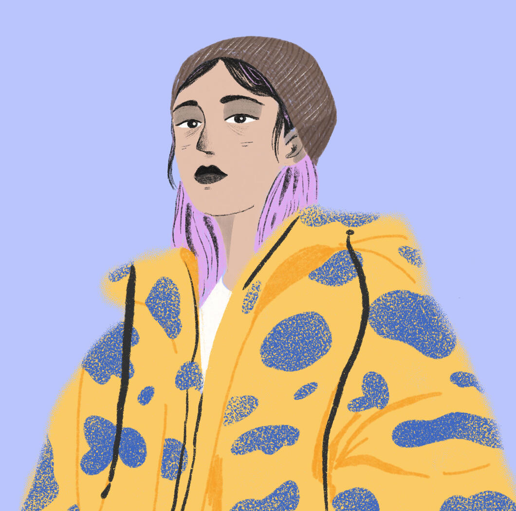 Digital illustration of a woman with a puffy yellow jacket