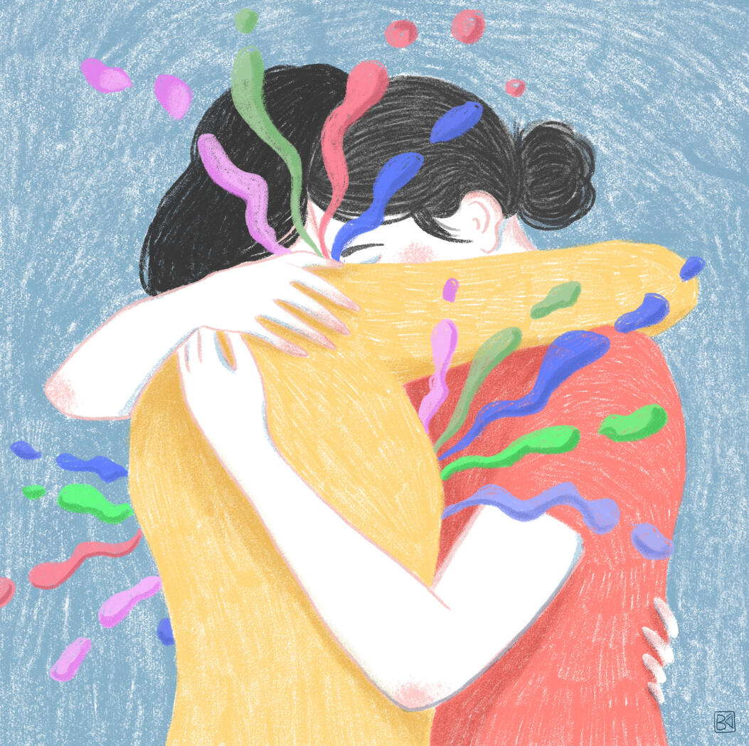 Digital illustration of two women holding each other