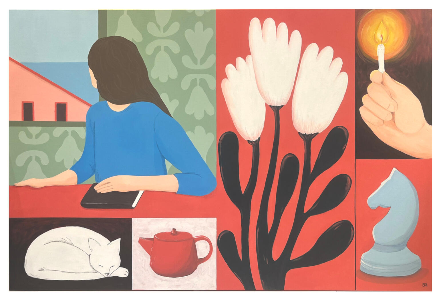 Acrylic and color pencil painted canvas of a fragmented higgelig scene